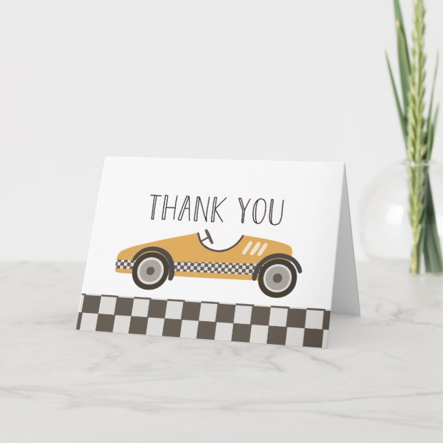 Yellow Race Car Baby Shower Thank You Card (Front)