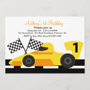 Yellow Race Car  Boys First Birthday Invitation
