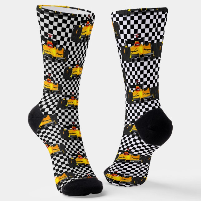 Yellow Race Car - Chequerboard Sports Socks (Angled)