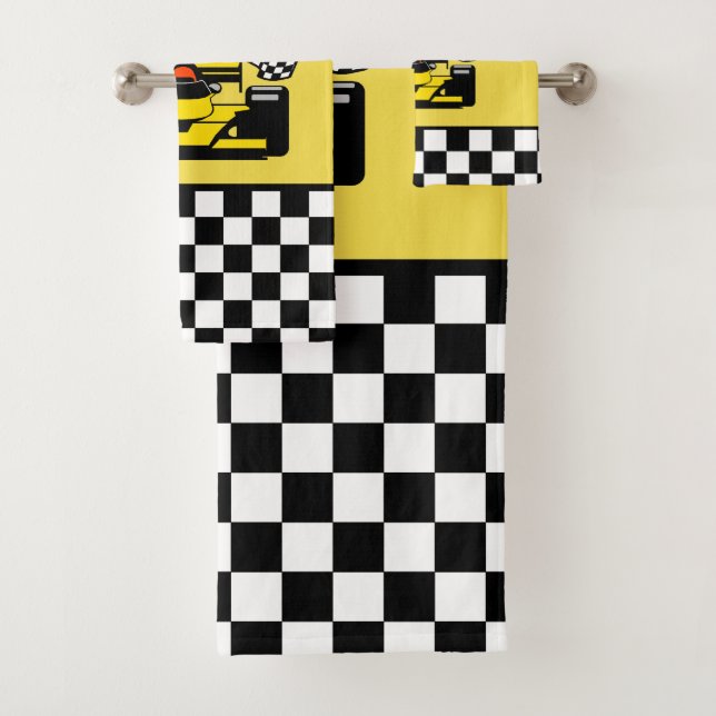 Yellow Race Car: Chequered Flag Bath Towel Set (Insitu)