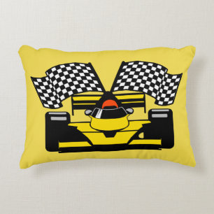 Yellow Race Car: Chequered Flag Decorative Cushion