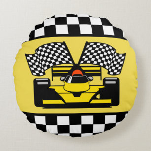 Yellow Race Car: Chequered Flag Round Cushion