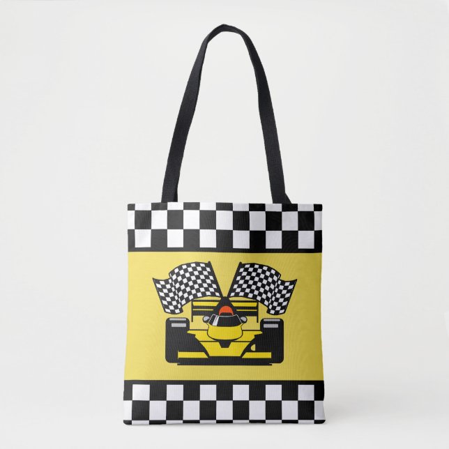 Yellow Race Car: Chequered Flag Tote Bag (Front)