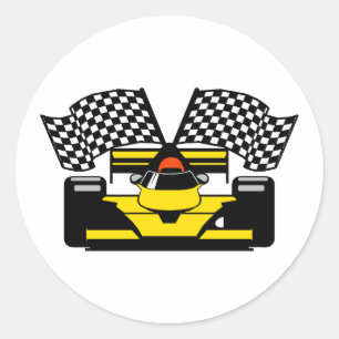 YELLOW RACE CAR CLASSIC ROUND STICKER