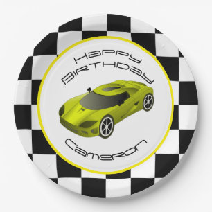 Yellow Race Car   Custom Birthday Party Paper Plate