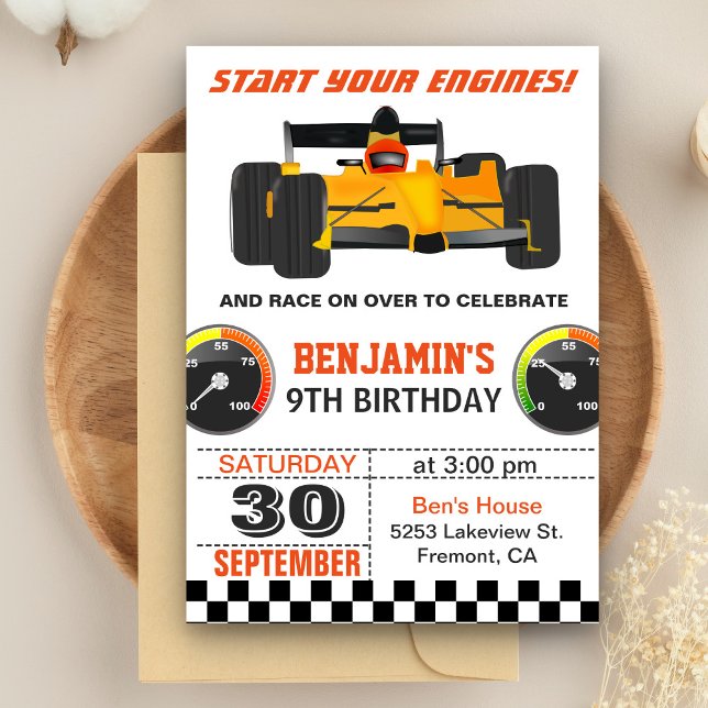 Yellow Race Car Racing Birthday Party Invitation (Creator Uploaded)