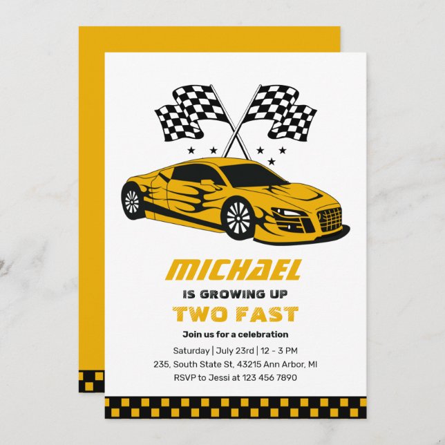 Yellow Race Car Two Fast Boys 2nd Birthday Invitation (Front/Back)