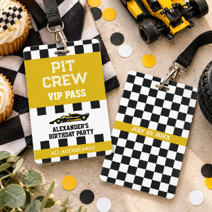 Yellow Race Car Vip Pass Pit Crew Birthday Party ID Badge
