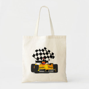 Yellow  Race Car with Checkered Flag Tote Bag