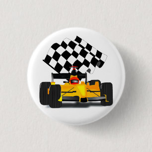 Yellow Race Car with Chequered Flag 3 Cm Round Badge