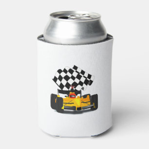 Yellow Race Car with Chequered Flag Can Cooler