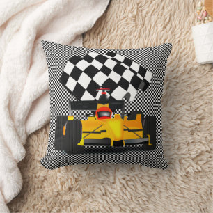 Yellow Race Car with Chequered Flag Cushion