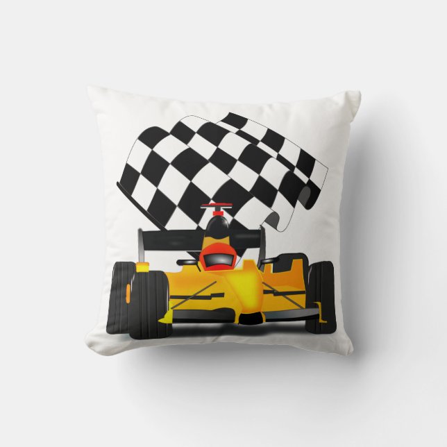 Yellow Race Car with Chequered Flag Cushion (Front)