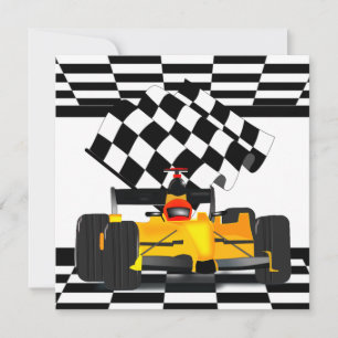 Yellow  Race Car with Chequered Flag Invitation