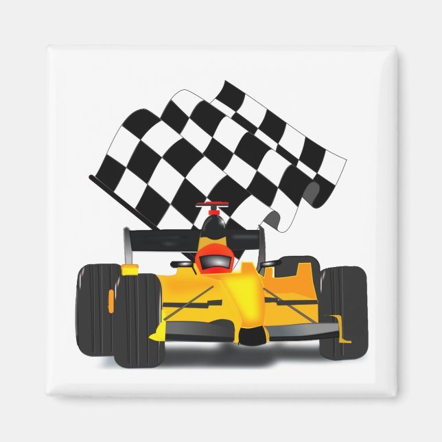 Yellow  Race Car with Chequered Flag Magnet (Front)