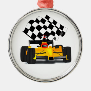 Yellow  Race Car with Chequered Flag Metal Tree Decoration