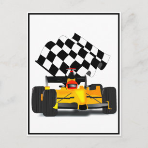Yellow  Race Car with Chequered Flag Postcard