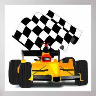 Yellow  Race Car with Chequered Flag Poster