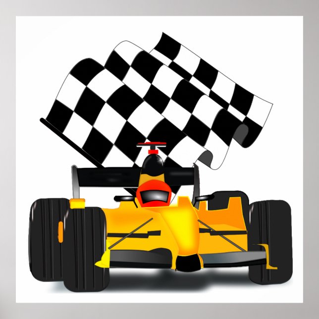 Yellow  Race Car with Chequered Flag Poster (Front)