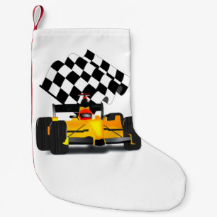 Yellow Race Car with Chequered Flag Small Christmas Stocking