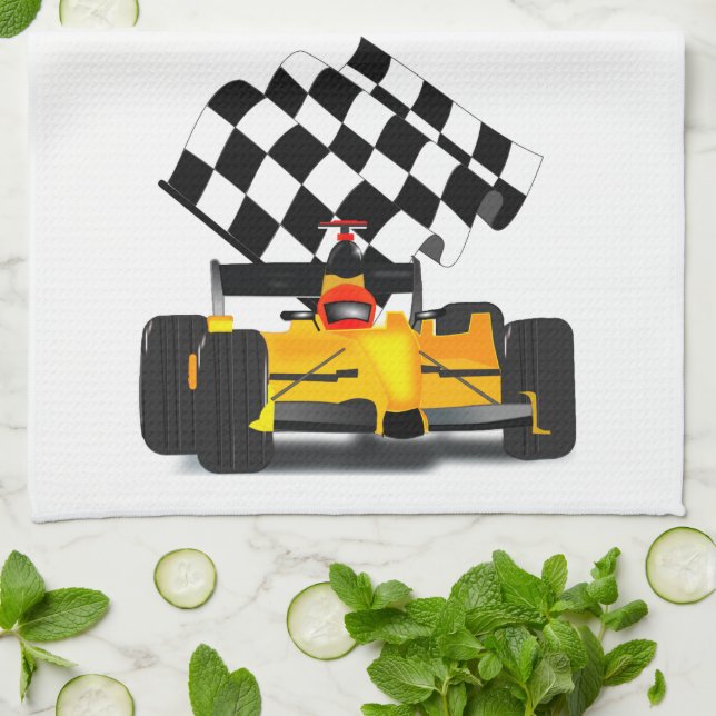 Yellow  Race Car with Chequered Flag Tea Towel (Folded)