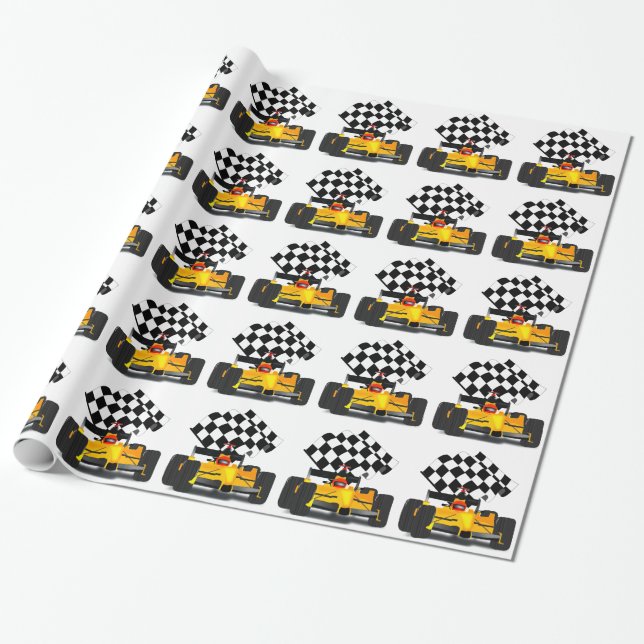 Yellow  Race Car with Chequered Flag Wrapping Paper (Unrolled)