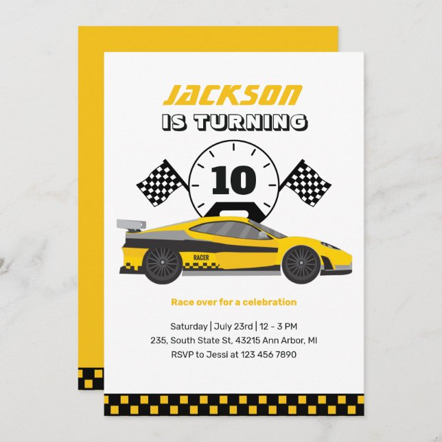 Yellow Racing Car Race Kids Boys Birthday Invitation (Front/Back)