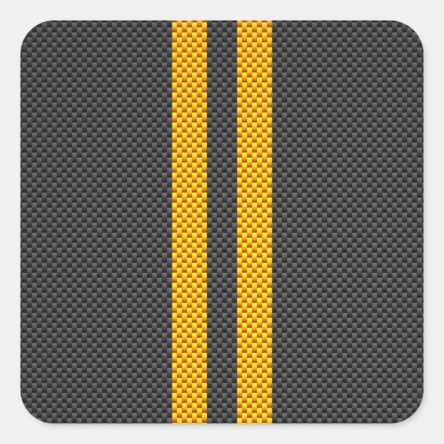 Yellow Racing Stripes Carbon Fibre Style Square Sticker (Front)