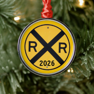 Yellow Railroad Crossing Sign Photograph Metal Tree Decoration
