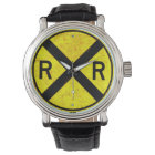 Yellow Railroad Crossing Sign Wrist Watch