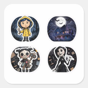 Yellow Raincoat Key Haunted Mansion Button Doll Square Sticker