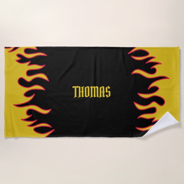Yellow, Red and Black Flames Personalised Beach Towel (Front)