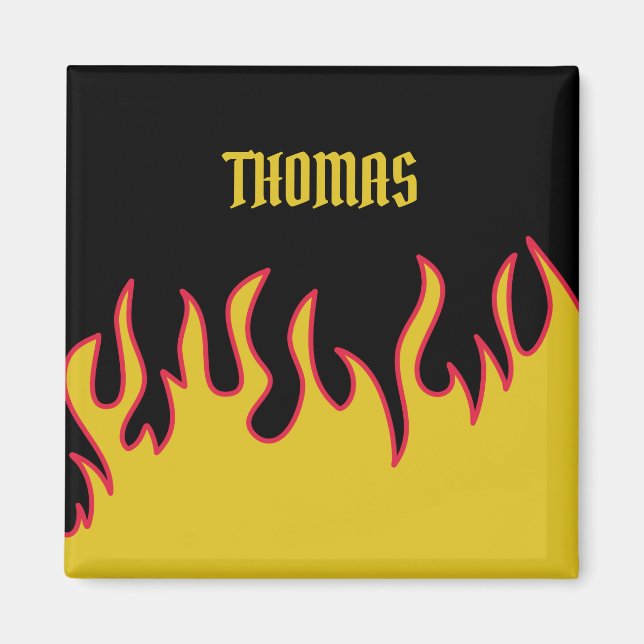 Yellow, Red and Black Flames Personalised Magnet (Front)