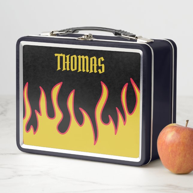 Yellow, Red and Black Flames Personalised Metal Lunch Box (In Situ)