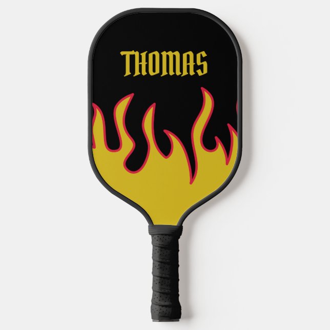Yellow, Red and Black Flames Personalised Pickleball Paddle (Front)