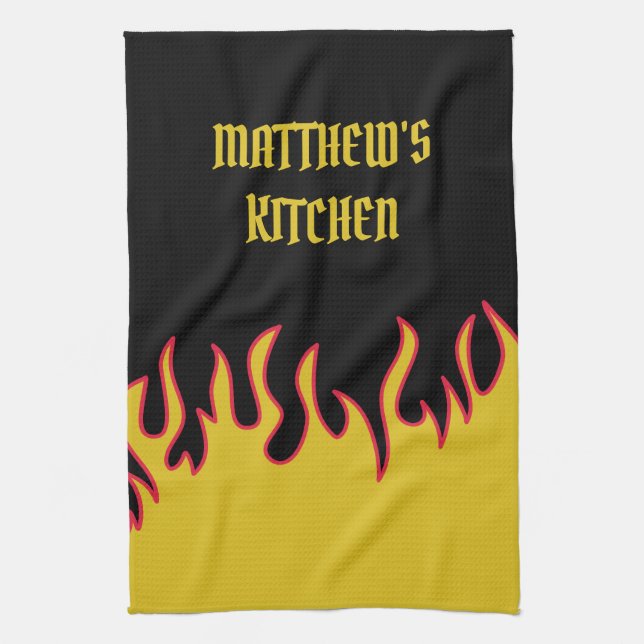 Yellow, Red and Black Flames Personalised Tea Towel (Vertical)