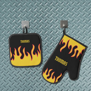 Yellow, Red and Black Flames Personalized Oven Mitt & Pot Holder Set