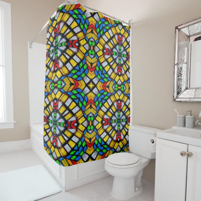Yellow, Red and Blue Stained Glass Shower Curtain (In Situ)