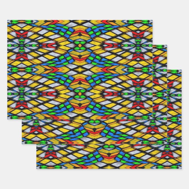 Yellow, Red and Blue Stained Glass Wrapping Paper Sheet (Set)