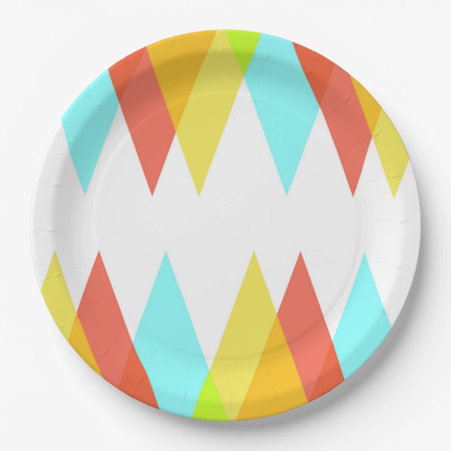 Yellow, red and cadet blue triangles paper plate (Front)
