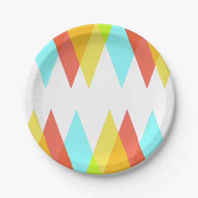 Yellow, red and cadet blue triangles paper plate (Front)