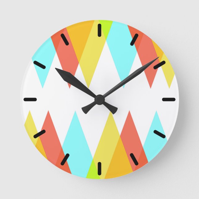 Yellow, red and cadet blue triangles round clock (Front)
