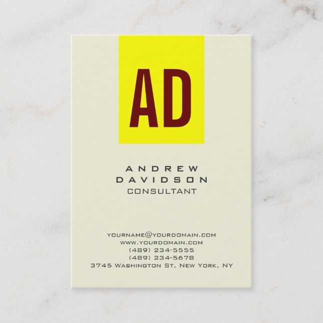 Yellow Red Beige Vertical Monogram Business Card (Front)