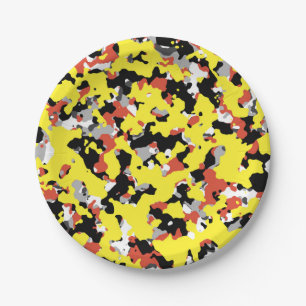 Yellow Red Black Grey Camouflage Camo Party Paper Plate
