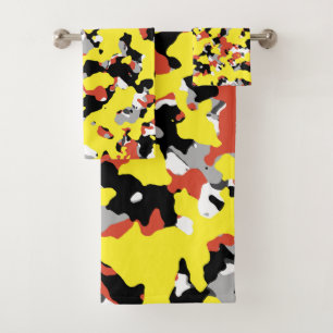 Yellow Red Black Grey Camouflage Camo Pattern Bath Towel Set