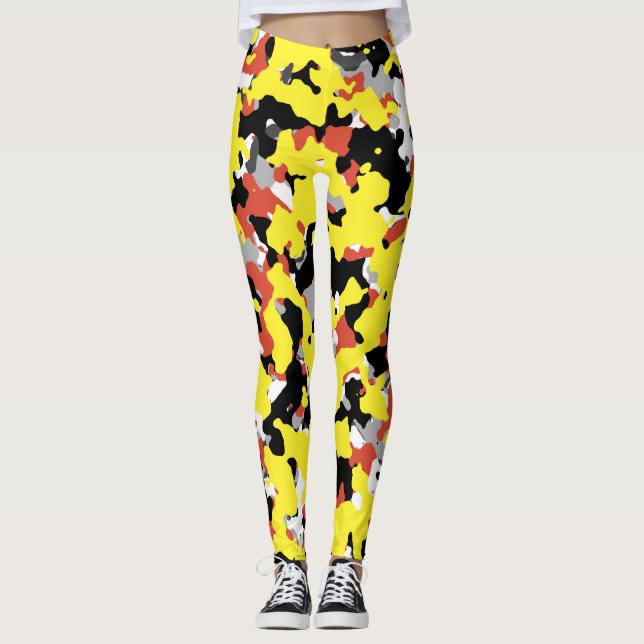 Yellow Red Black Grey Camouflage Camo Pattern Leggings (Front)