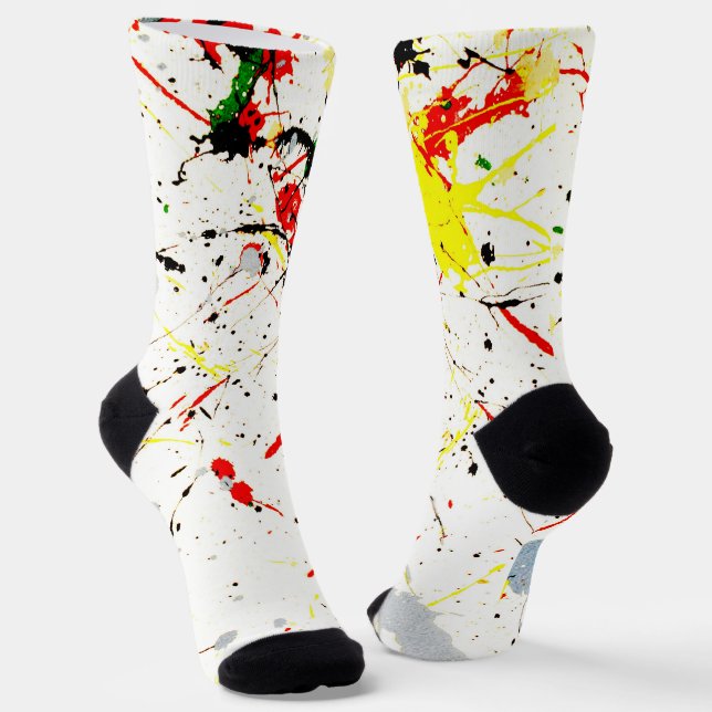 Yellow Red Black Paint Splatter  Socks (Angled)