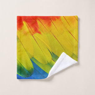 Yellow, red, blue, and green feathers wash cloth