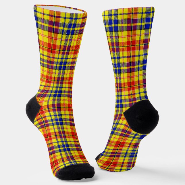 Yellow Red Blue Plaid Tartan Design  Socks (Angled)