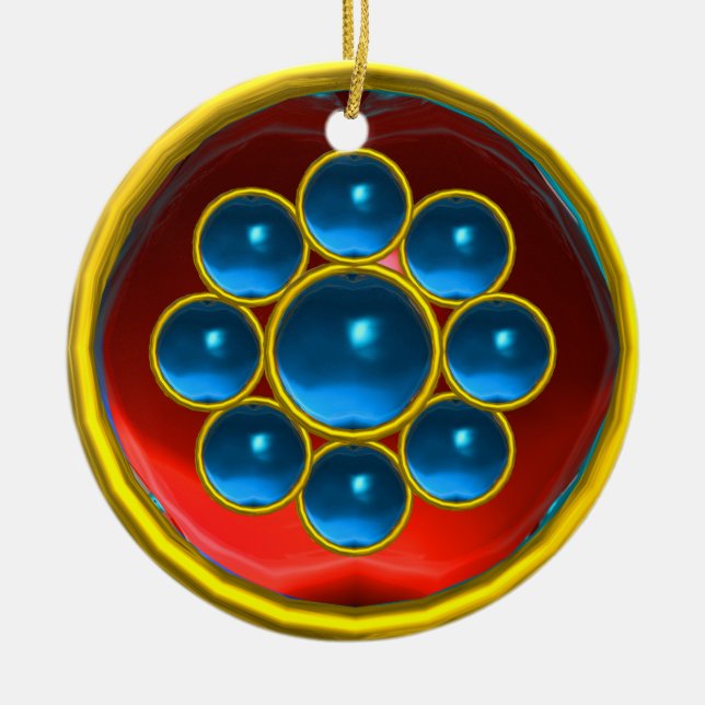 YELLOW RED BLUE SAPPHIRE GEMSTONE MON CERAMIC TREE DECORATION (Front)